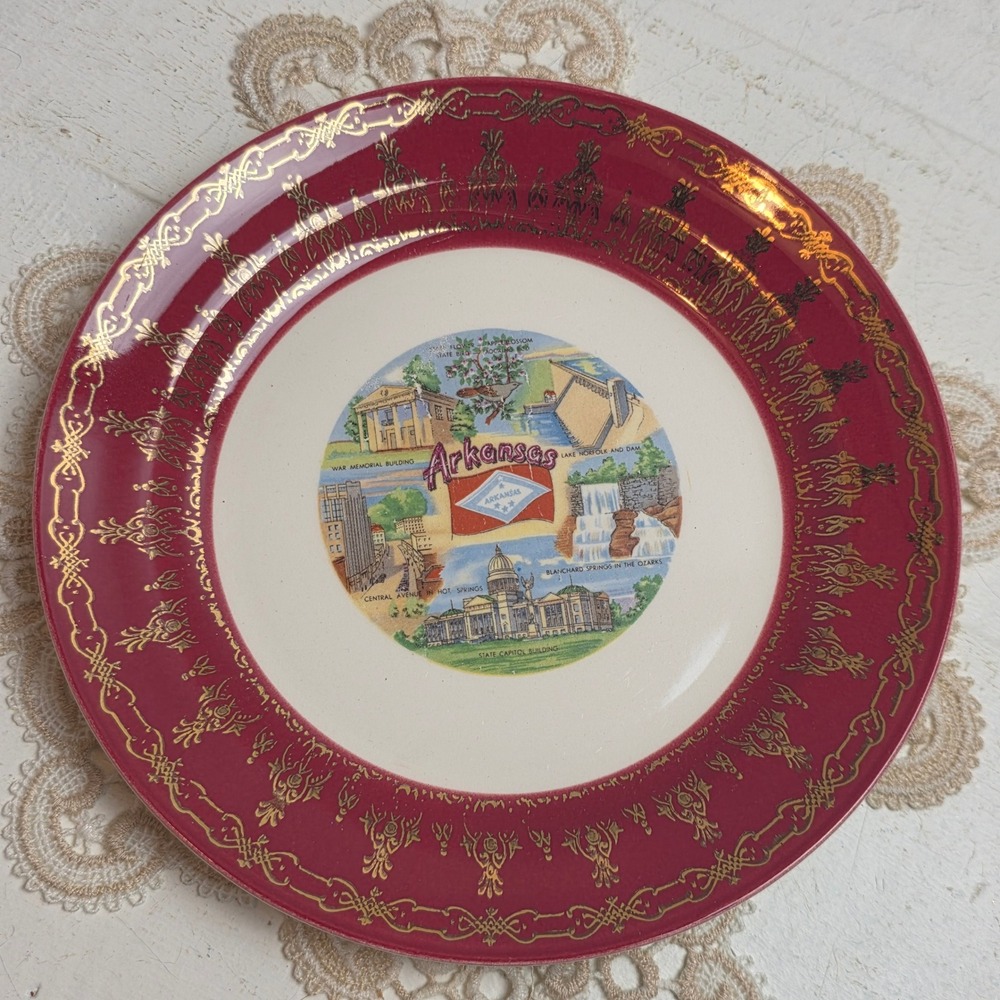 Vintage 50s Homer Laughlin Arkansas State Souvenir‎ Plate 22K Gold Filigree